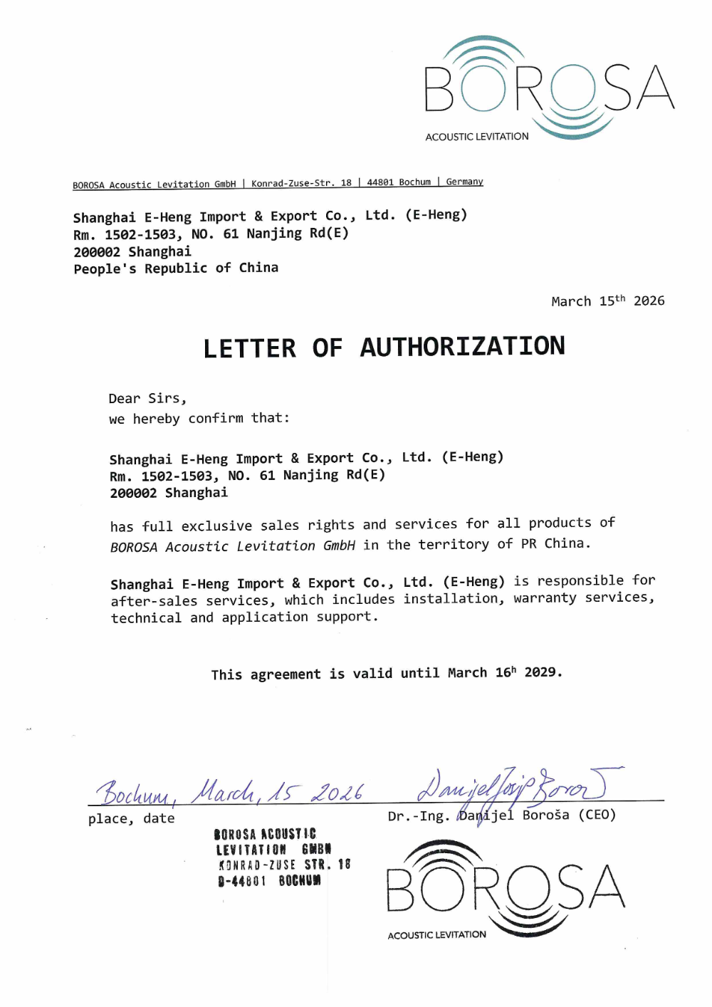 BOROSA letter of authorization