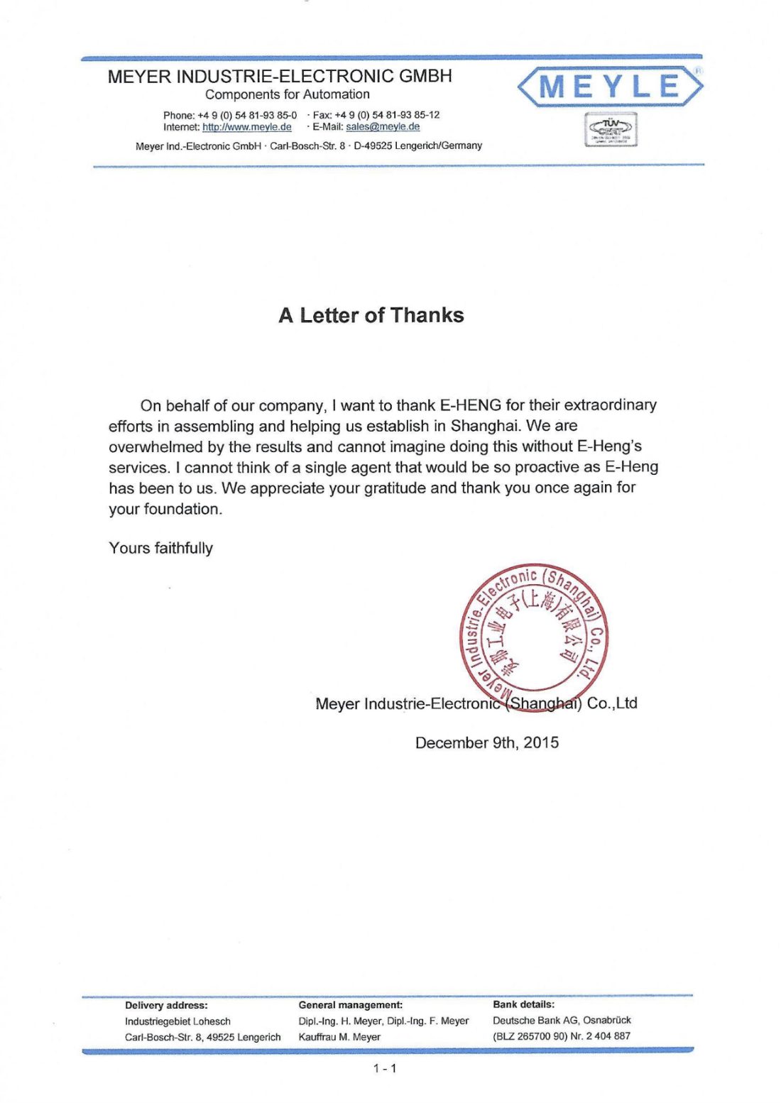 Meyle letter of thanks