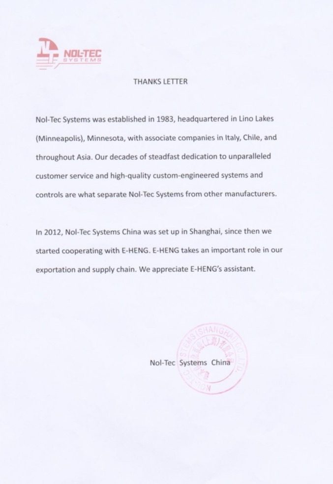 Nol-Tec Systems letter of thanks