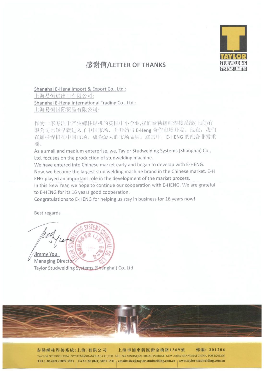 Taylor Studwelding letter of thanks